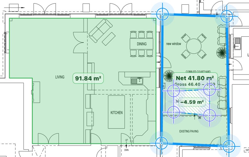 Close-up of a site plan in the app. A green area over the living, dining and kitchen reads 91.84 m². A second area over a courtyard is selected with blue corner handles and reads Net 41.80 m², with a hatched cut-out labelled −4.59 m².