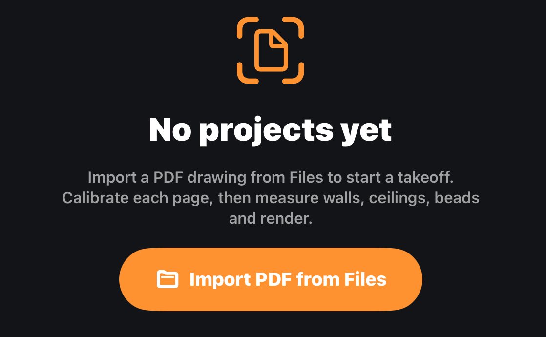 The start screen reading No projects yet, with an Import PDF from Files button.