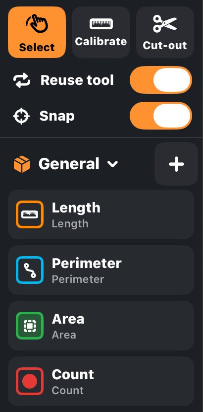The app sidebar with Select, Calibrate and Cut-out buttons, the Reuse tool and Snap switches turned on, and the General toolbox with Length, Perimeter, Area and Count tools.