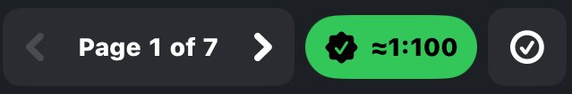 The app toolbar showing Page 1 of 7 with arrows, a green calibrated badge reading ≈1:100, and the Check scale button.